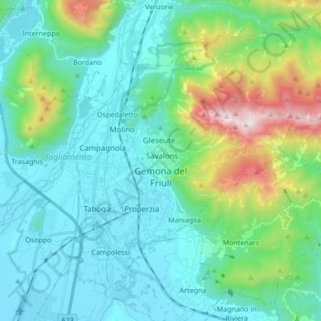 Topografisk kort Gemona del Friuli, højde, terræn