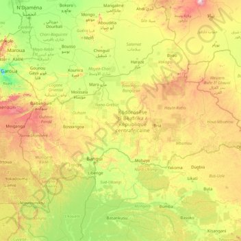 Topografisk kort Centralafrikanske Republik, højde, terræn