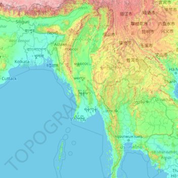 Topografisk kort Myanmar, højde, terræn