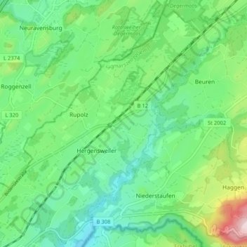 Topografisk kort Hergensweiler, højde, terræn