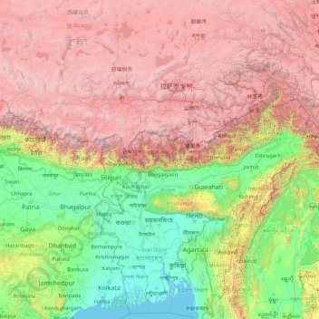 Topografisk kort Brahmaputra, højde, terræn