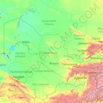 Topografisk kort Usbekistan, højde, terræn