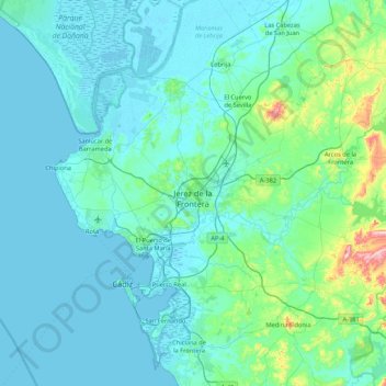 Topografisk kort Jerez de la Frontera, højde, terræn