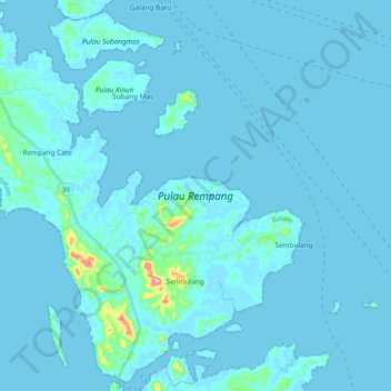 Topografisk kort Pulau Rempang, højde, terræn