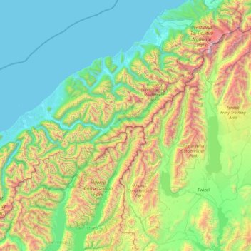 Topografisk kort Southern Alps / Kā Tiritiri o te Moana, højde, terræn
