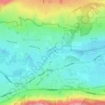 Topografisk kort Otley, højde, terræn
